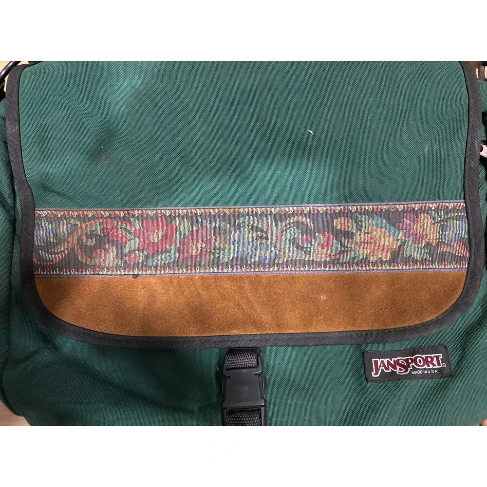 Jansport Messenger Bag Cross Body Floral Leather Green Made in USA 2 Pocket